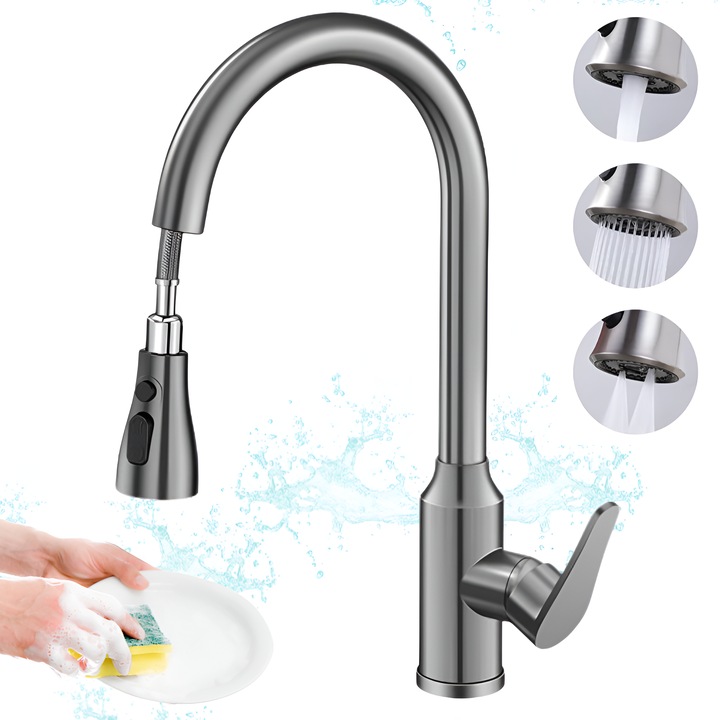 Разтегателен кухненски кран, пълно изобилие, смесител от неръждаема стомана 304, 3 регулируеми режима на водна струя, прибираща се глава, устойчив на корозия, монтаж на палуба, модерен ергономичен дизайн, черно-сив