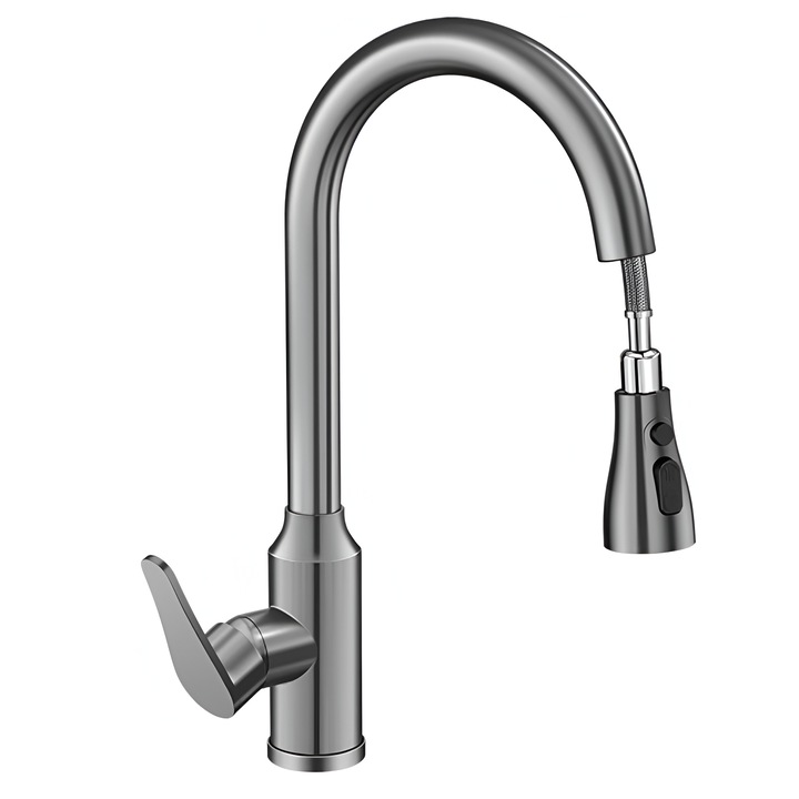 Разтегателен кухненски смесител, неръждаема стомана 304, 3 регулируеми режима на пръскане на вода, прибираща се глава, устойчив на корозия, монтиран на палуба, модерен ергономичен дизайн, черен/сив