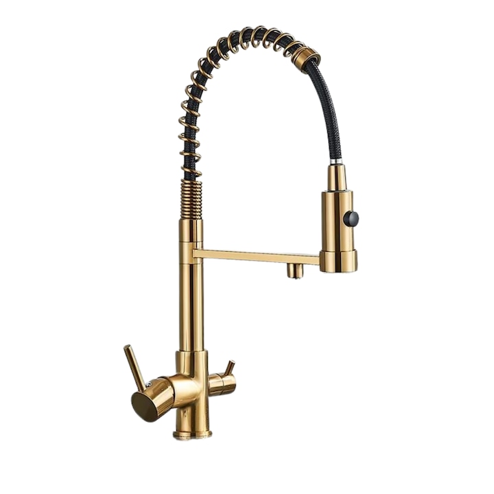 Baterie bucatarie cu 3 cai, iesire pentru filtru de apa purificata, alama, auriu, adaptor filtru inclus