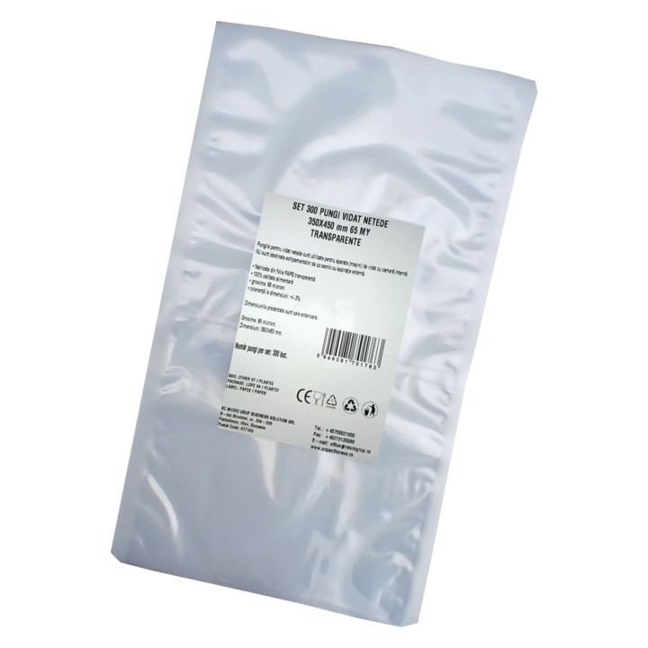 Pungi vidat/vacuum netede, pentru masini de vidat cu camera, 350X450 mm, grosime 65 microni, transparente, set 300 bucati