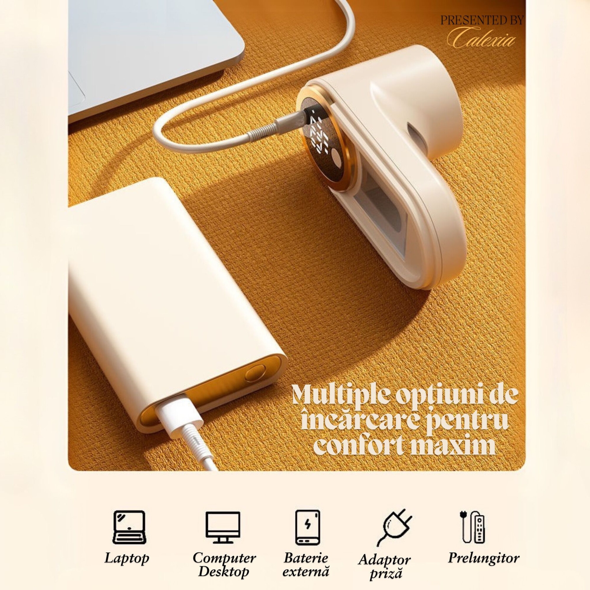 Aparat Electric Profesional pentru Indepartarea Scamelor e-Wantay® - TissuClean, Afisaj LED, Portabil, 3 Nivele de Intensitate, 2 Lame din Otel Inoxidabil cu 6 Taisuri, Functie de Aspirare, Reincarcabil USB, Ideal pentru Haine, Mobilier si Textile