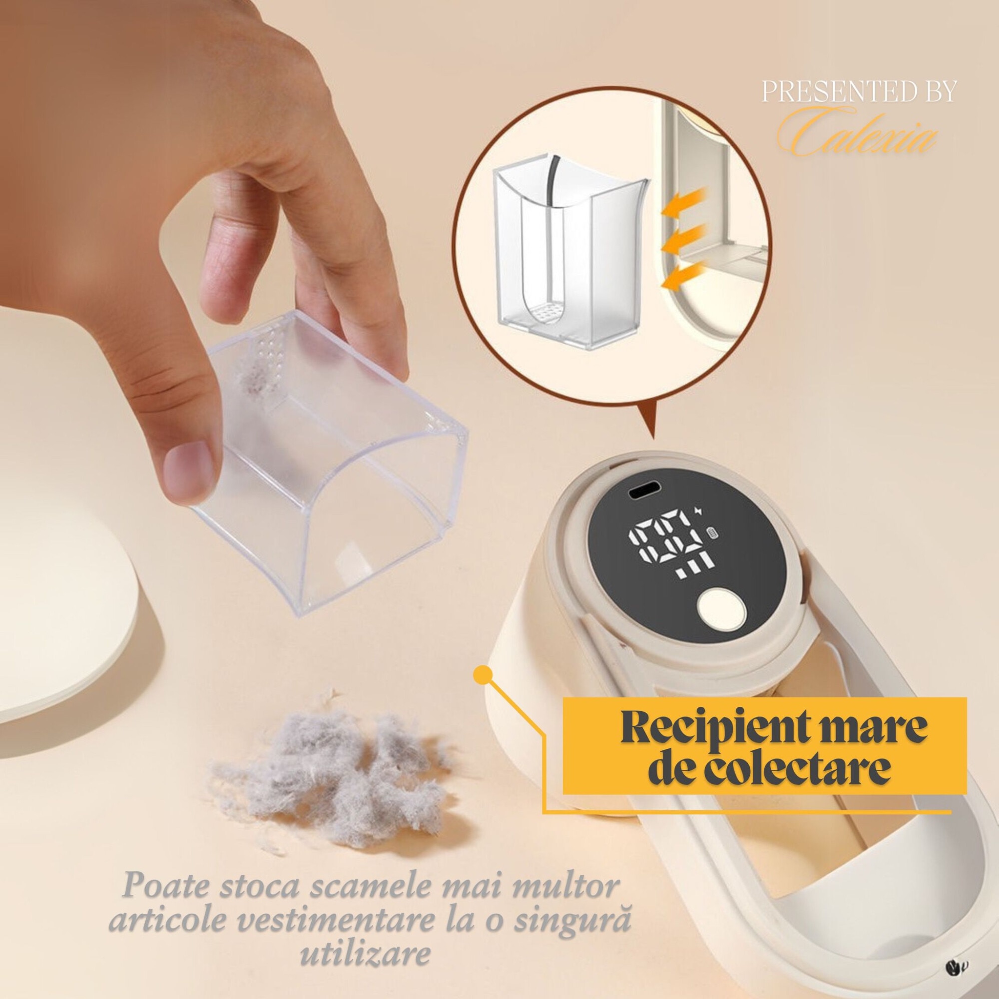 Aparat Electric Profesional pentru Indepartarea Scamelor e-Wantay® - TissuClean, Afisaj LED, Portabil, 3 Nivele de Intensitate, 2 Lame din Otel Inoxidabil cu 6 Taisuri, Functie de Aspirare, Reincarcabil USB, Ideal pentru Haine, Mobilier si Textile