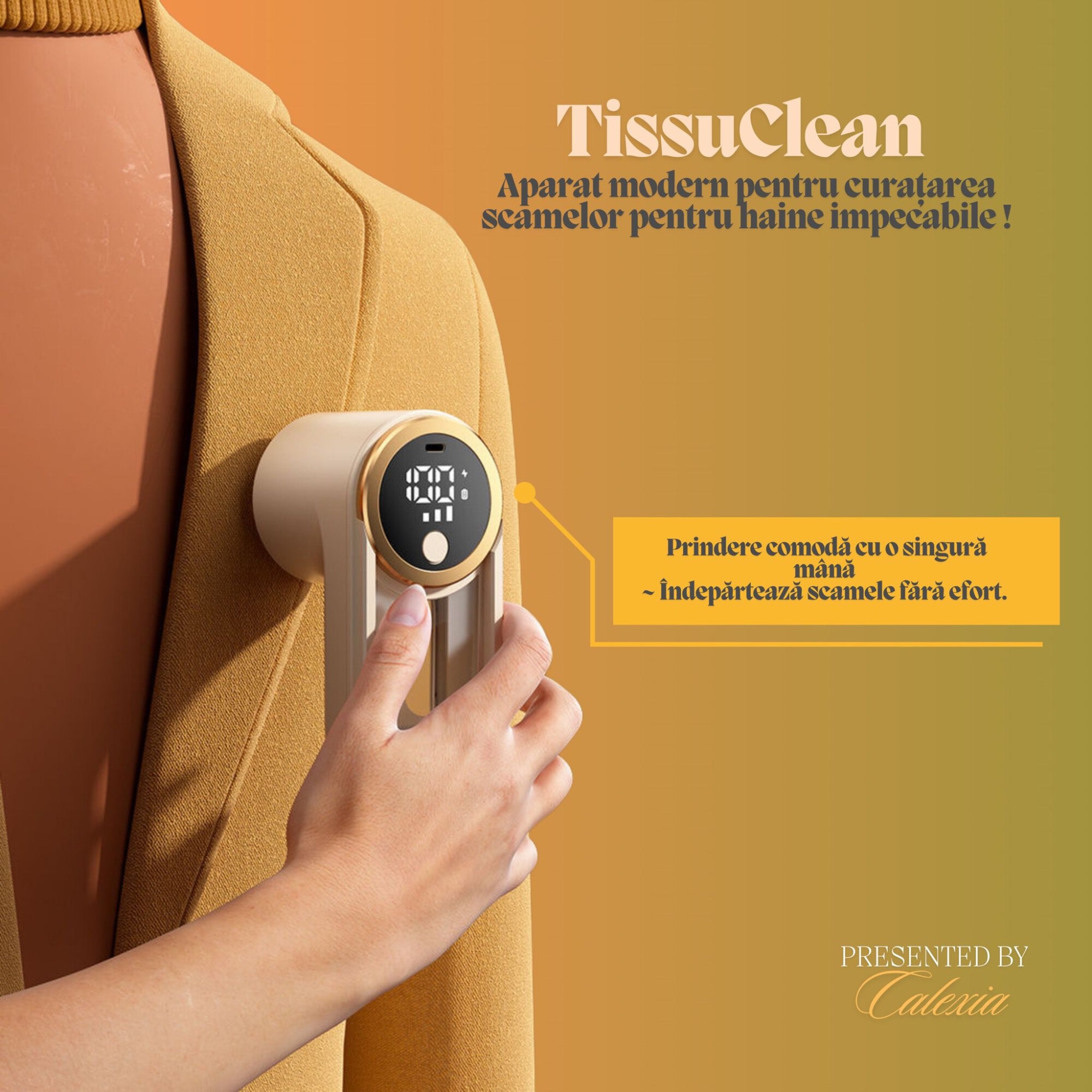 Aparat Electric Profesional pentru Indepartarea Scamelor e-Wantay® - TissuClean, Afisaj LED, Portabil, 3 Nivele de Intensitate, 2 Lame din Otel Inoxidabil cu 6 Taisuri, Functie de Aspirare, Reincarcabil USB, Ideal pentru Haine, Mobilier si Textile