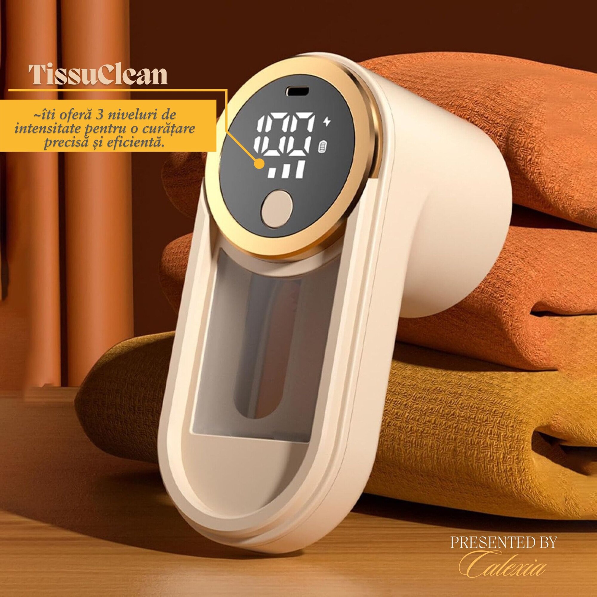 Aparat Electric Profesional pentru Indepartarea Scamelor e-Wantay® - TissuClean, Afisaj LED, Portabil, 3 Nivele de Intensitate, 2 Lame din Otel Inoxidabil cu 6 Taisuri, Functie de Aspirare, Reincarcabil USB, Ideal pentru Haine, Mobilier si Textile