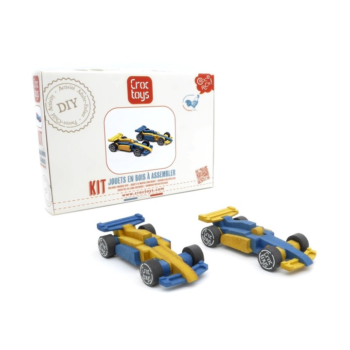 Építőkészlet 2 versenyautó, Croc toys, Valchromat és bükkfából, 21 db, +6 év