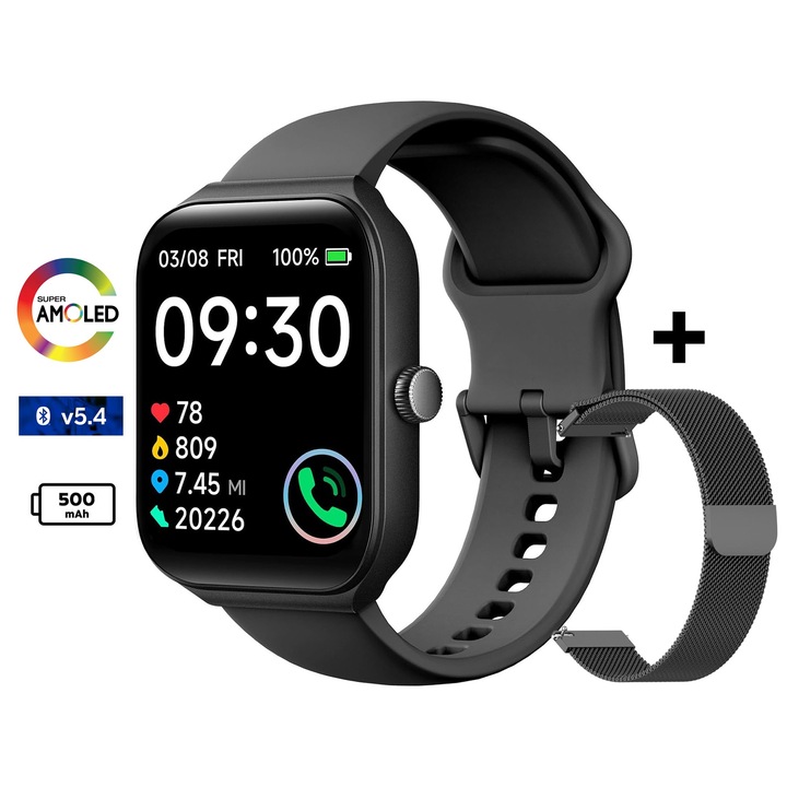 TechONE, Vita Pulse férfi okosóra, 1,95 hüvelykes SUPER AMOLED, Smart, ALEXA, Bluetooth v 5.4 Call, HD, Multi Sport, többpontos pulzusszám, SpO2, vérnyomás, oxigén, 2 szíj, IP68, fekete