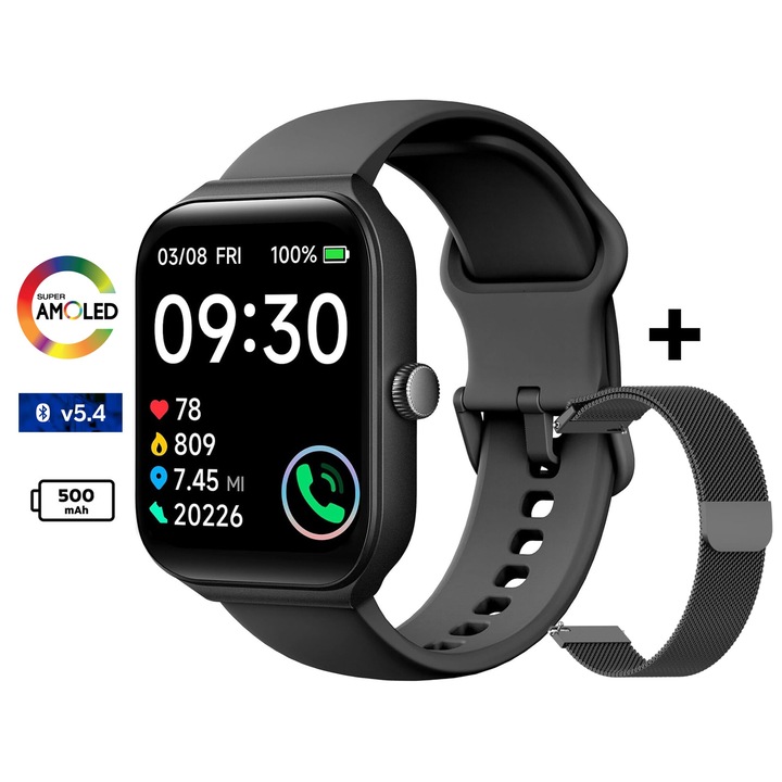 Мъжки смарт часовник TechONE® Vita Pulse, 1,95 инча SUPER AMOLED, Smart, ALEXA, Bluetooth v 5.4 Call, HD, Multi Sport, Multi Point Heart Rate, SpO2, кръвно налягане, кислород, 2 каишки, IP68, черен