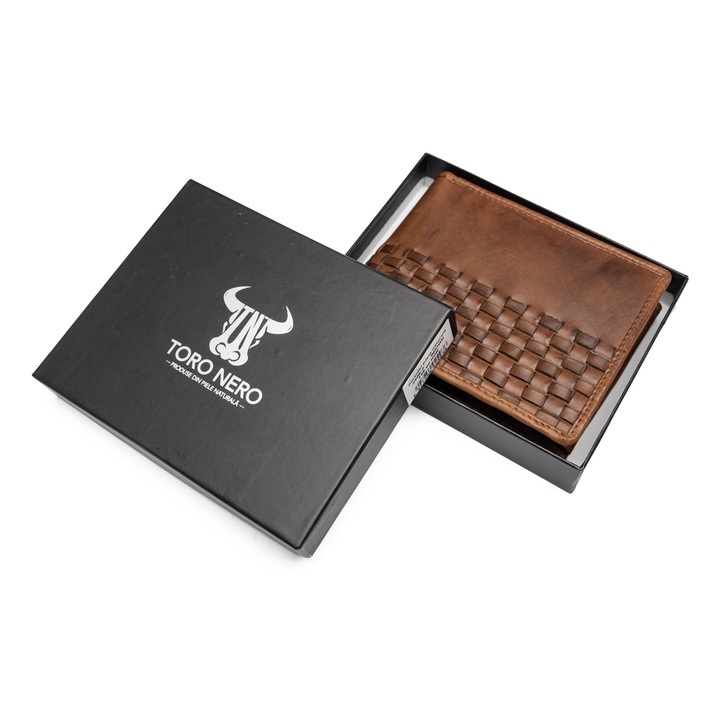 Portofel barbati din piele naturala, Toro Nero, maro, protectie Rfid, Fin