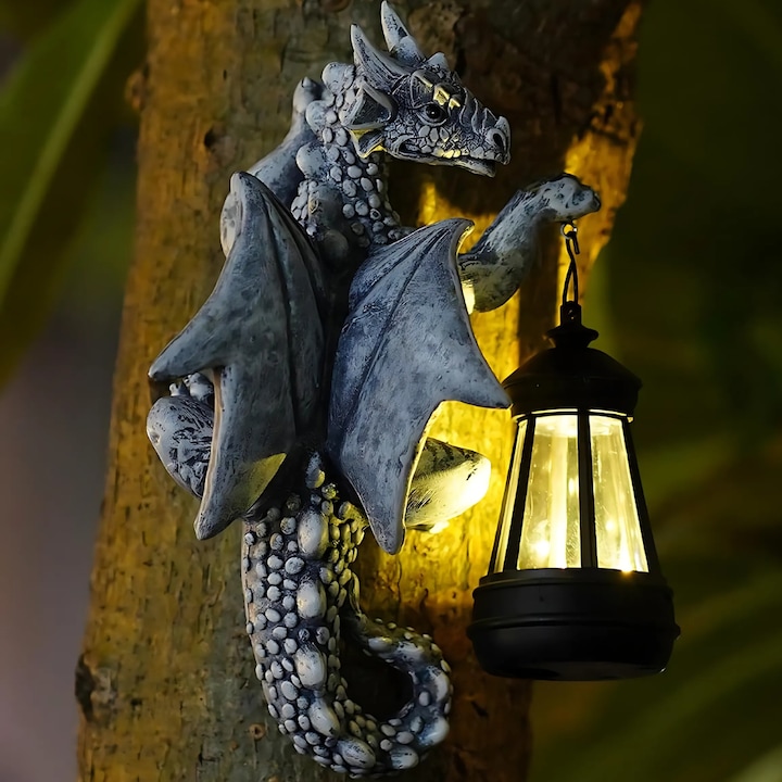 Соларна лампа модел Dragon Statuette с фенер Promerco®, модерен, функционален дизайн, вграден соларен панел, първокласен смолист материал, издръжлив, устойчив на атмосферни влияния, тъмно сив