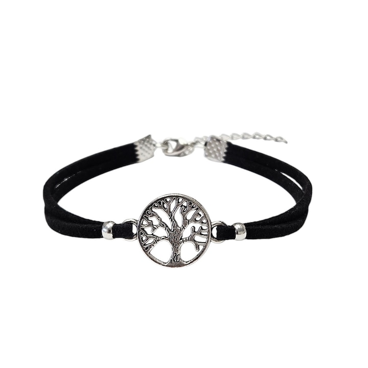 Bratara Copacul vietii, din piele intoarsa eco, lucrata manual by Wild Bracelets, Negru, reglabil
