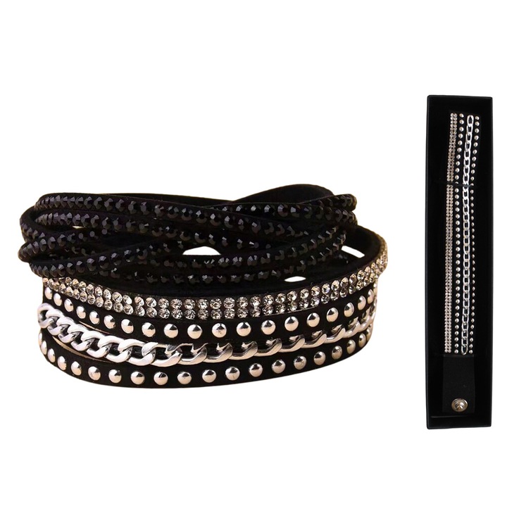 Bratara Dama Danati™, din Piele si Otel Inoxidabil, Eleganta, 7 Siraguri, cristale negre, cristale stralucitoare, Lant si decor metalic, Cutie Cadou, Capse, Reglabila in 2 dimensiuni 16.5-19cm