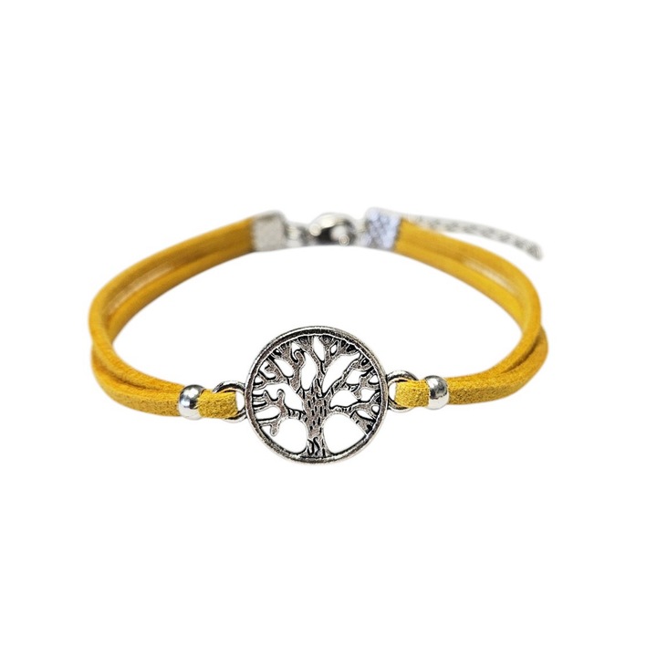 Bratara Copacul vietii, din piele intoarsa eco, lucrata manual by Wild Bracelets, Galben, reglabil