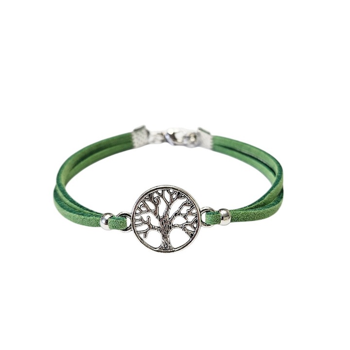 Bratara Copacul vietii, din piele intoarsa eco, lucrata manual by Wild Bracelets, Verde, reglabil