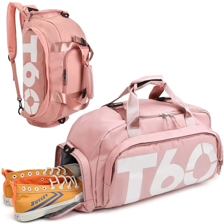 Многофункционална спортна чанта с отделение за обувки, 45x23x25 см, водоустойчива, за фитнес или пътуване, здрави ципове, презрамки за раница, 30 л, розово-бяла