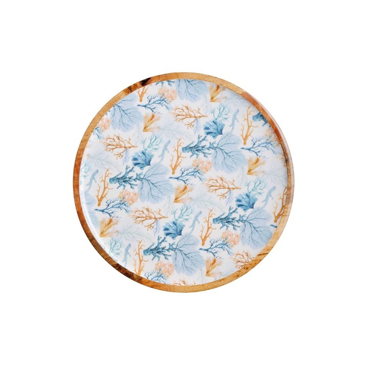 Tava mare, rotunda, emailata, din lemn de mango, Coral