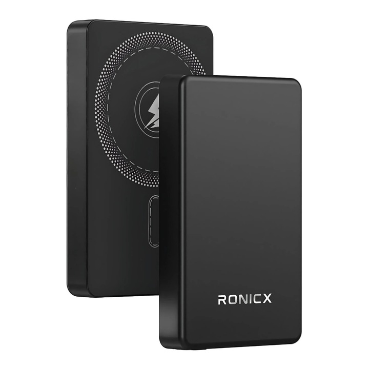 Безжична външна батерия Ronic X Slim, 10 000 mAh, преносима захранваща банка, съвместим с Magsafe iPhone 16/15/14/13/12/Pro/Mini/Pro Max и Android, магнитно бързо зареждане 15 W, чрез кабел Type-C 20 W, черен