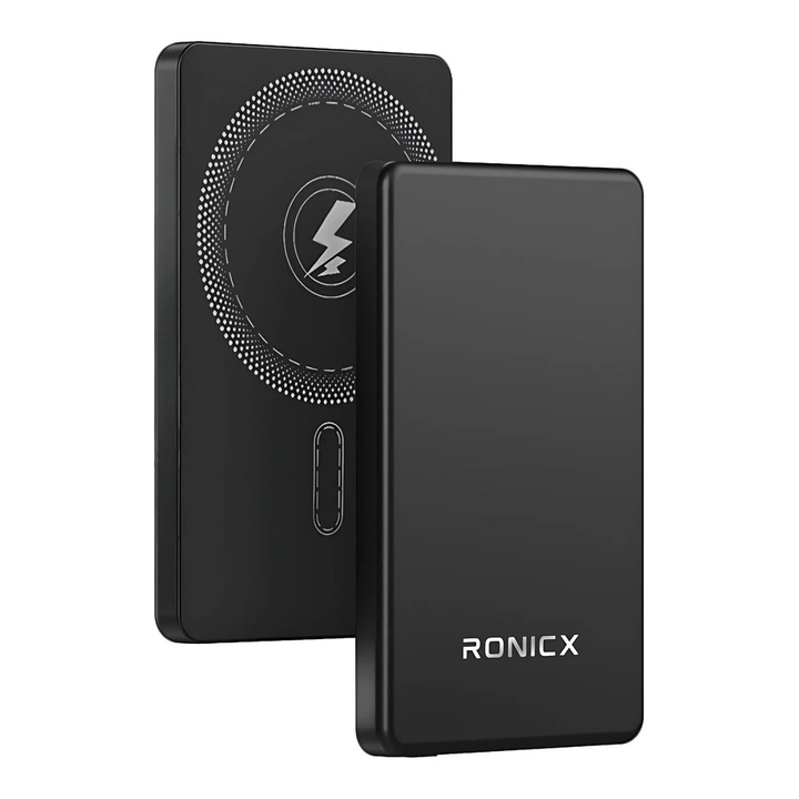 Безжична външна батерия Ronic X Slim, 5000 mAh, преносима захранваща банка, съвместим с Magsafe iPhone 16/15/14/13/12/Pro/Mini/Pro Max и Android, магнитно бързо зареждане 15 W, чрез кабел Type-C 20 W, черен