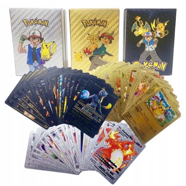 Set 3 pachete carti de joc Pokemon Stone®, 165 carduri Silver, Gold si Black