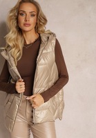 Vesta matlasata dama cu gluga, buzunare si fermoar, model elegant si calduros, bej, marimea M