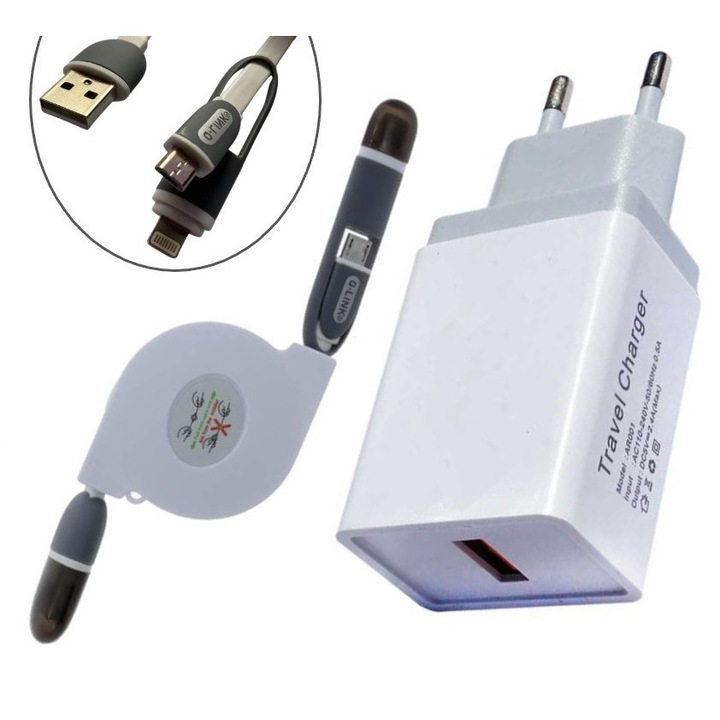Incarcator de perete, adaptor de alimentare USB cu cablu retractabil incarcare micro USB si Lightning 8pini inclus, 5V, 2000 mA, alb