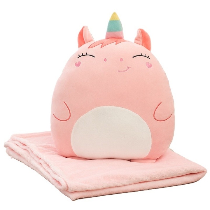 Patura 2 in 1 pentru pat sau canapea, model jucarie unicorn cu spatiu de depozitare patura, microfibra, 1x1.7 m, roz