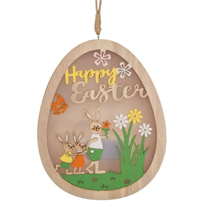 Decoratiune Paste din Lemn si 6 LED-uri, AVA, cu model Iepuras cu Ou si Tabla „Happy Easter”, 16x3x20cm