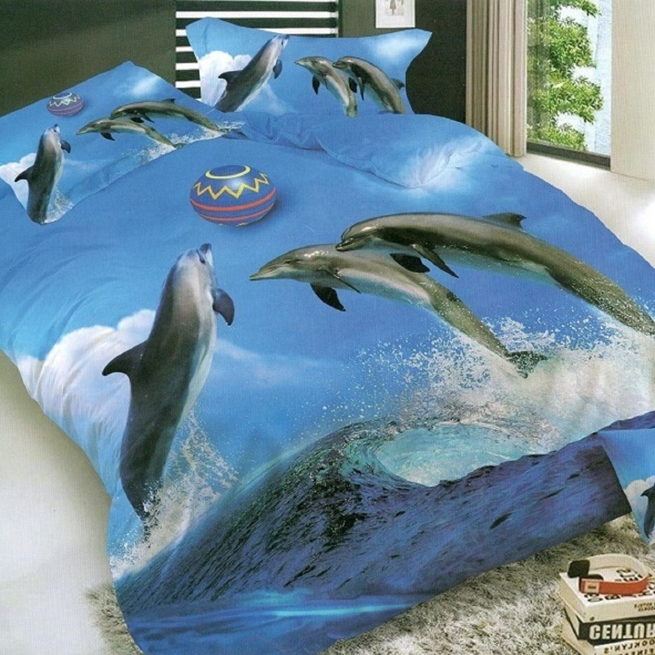 Lenjerie de pat, 3D 2 persoane, 4 piese, bumbac satinat, albastru model AX098