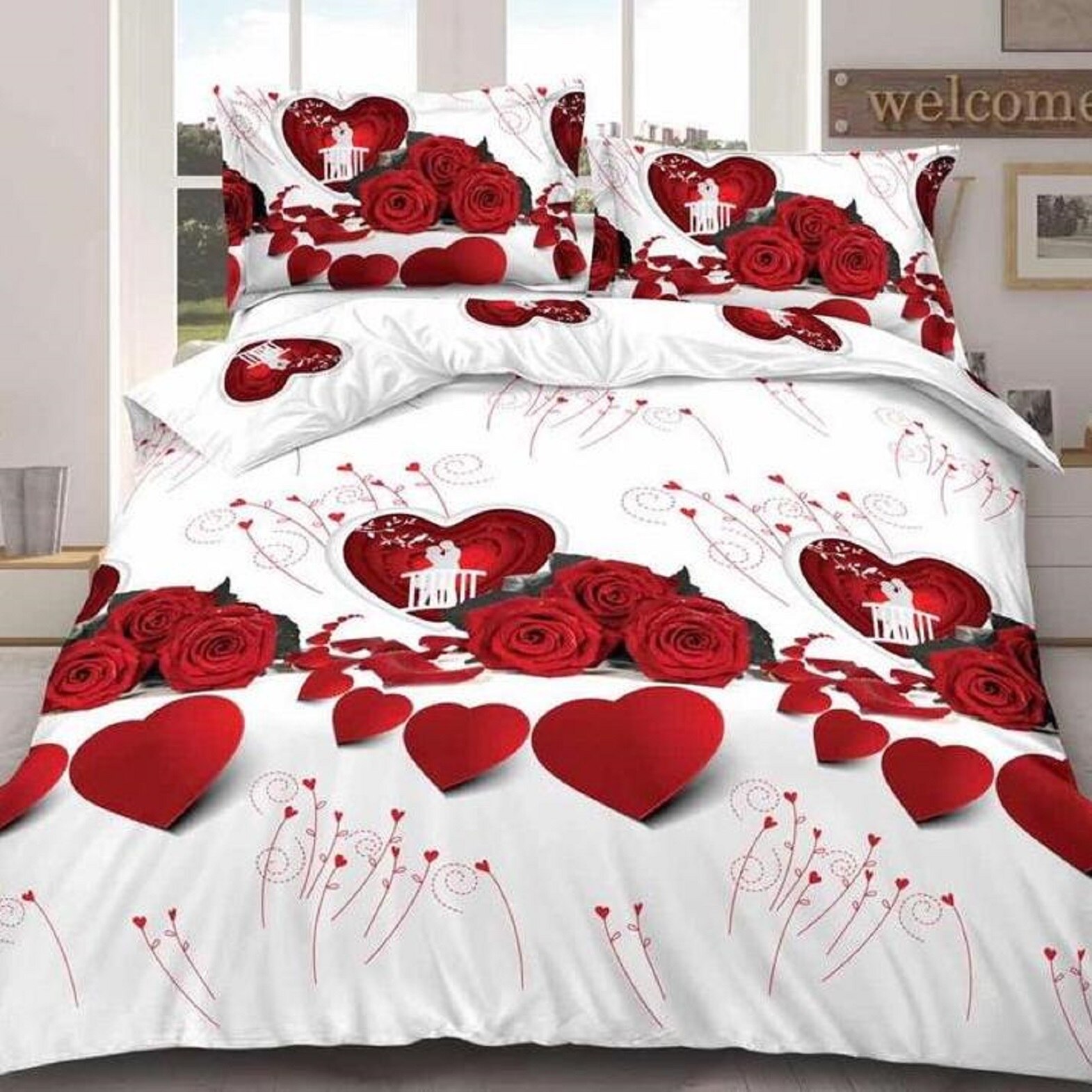 Lenjerie de pat 3D 2 persoane, 4 piese, bumbac satinat, roz AX094