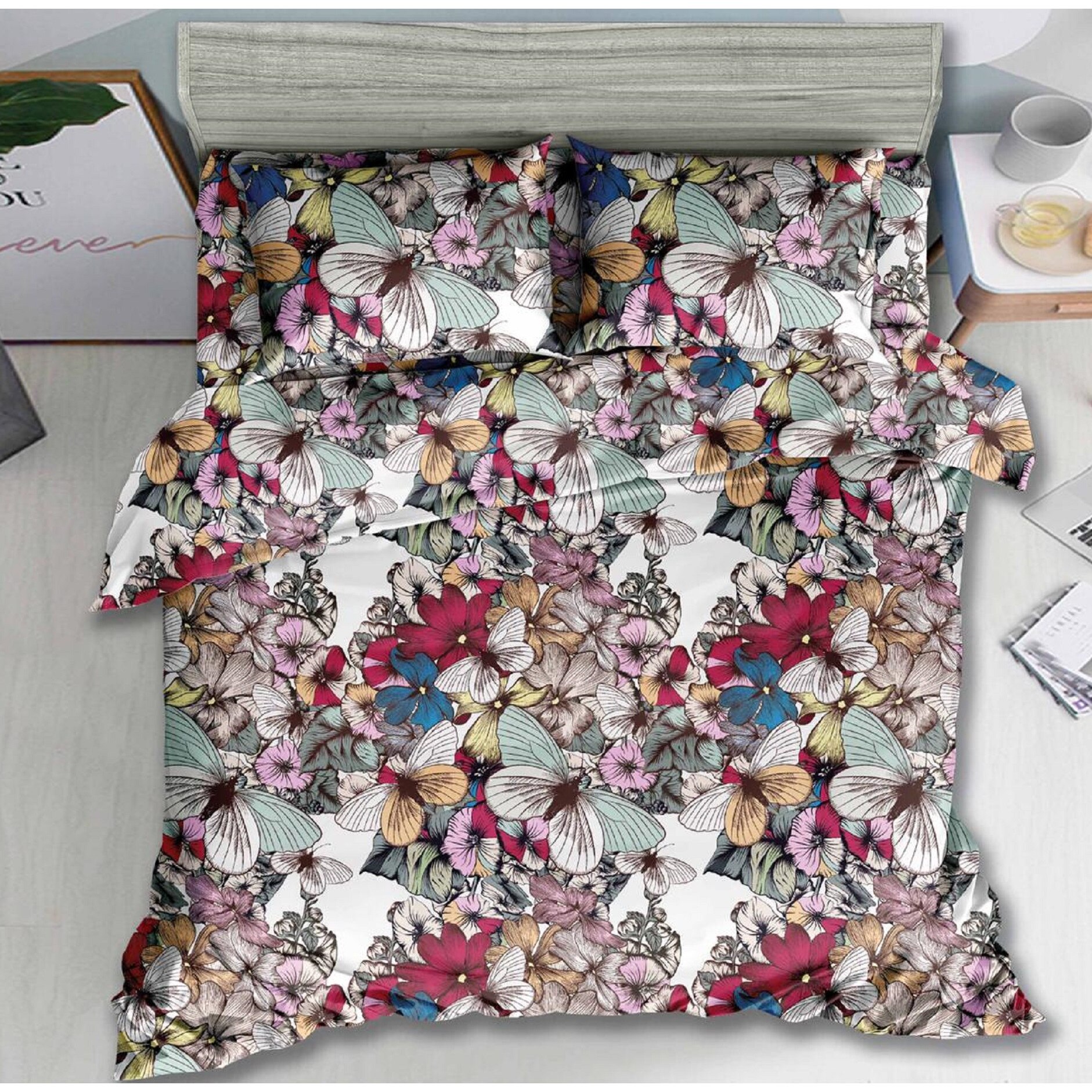 Lenjerie de pat, 3D 2 persoane, 4 piese, bumbac satinat, gri model AX105