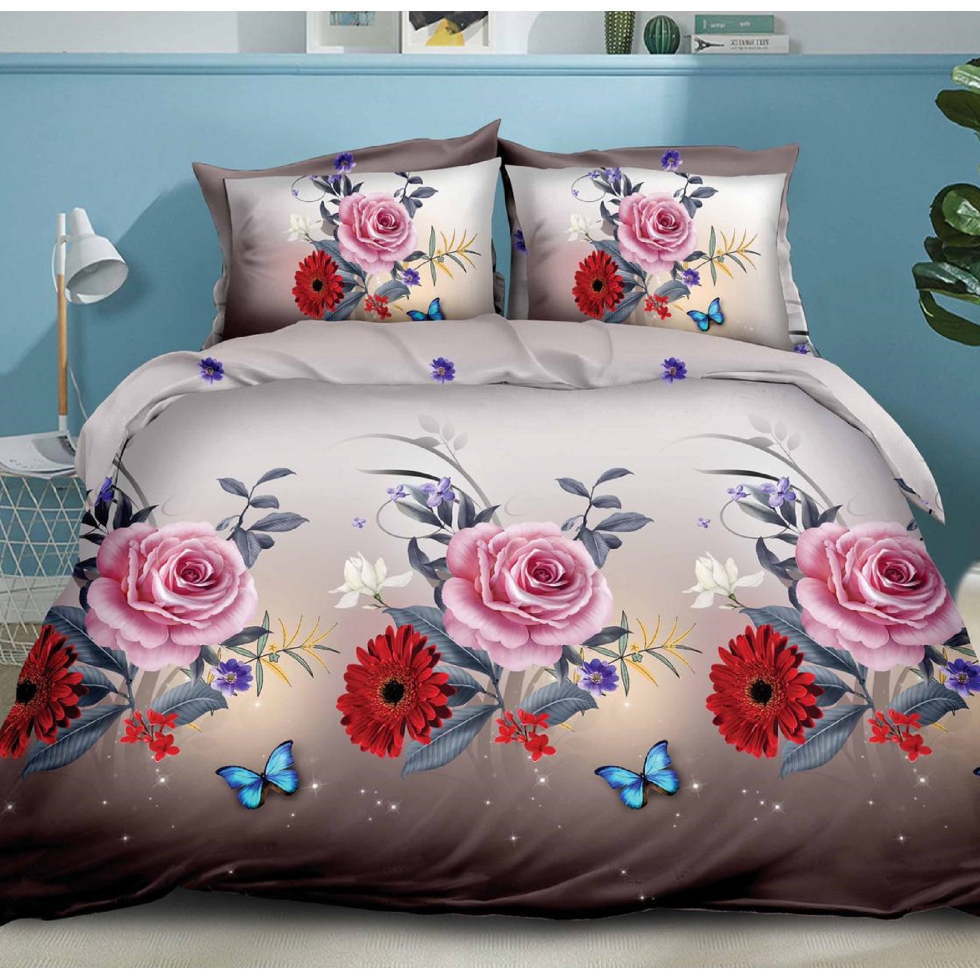 Lenjerie de pat, 3D 2 persoane, 4 piese, bumbac satinat, crem, model AX121