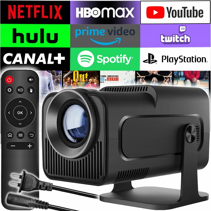 Hordozható videoprojektor, 250ANSI, Android 11, Wi-Fi 6, BT 5.0, 1280X720p HD felbontás, 4K támogatás, HDMI csatlakozás, USB és Android/IOS tükrözés, fekete