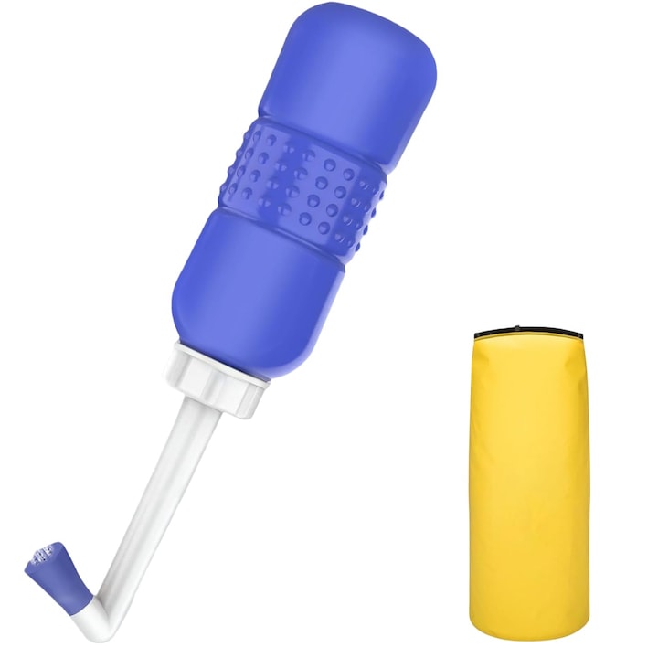 Преносимо биде Flippy за интимна хигиена, за след раждане/постоперация, 450 мл, с жълт капак и капак, 29,5x7 см, лилав цвят на контейнера