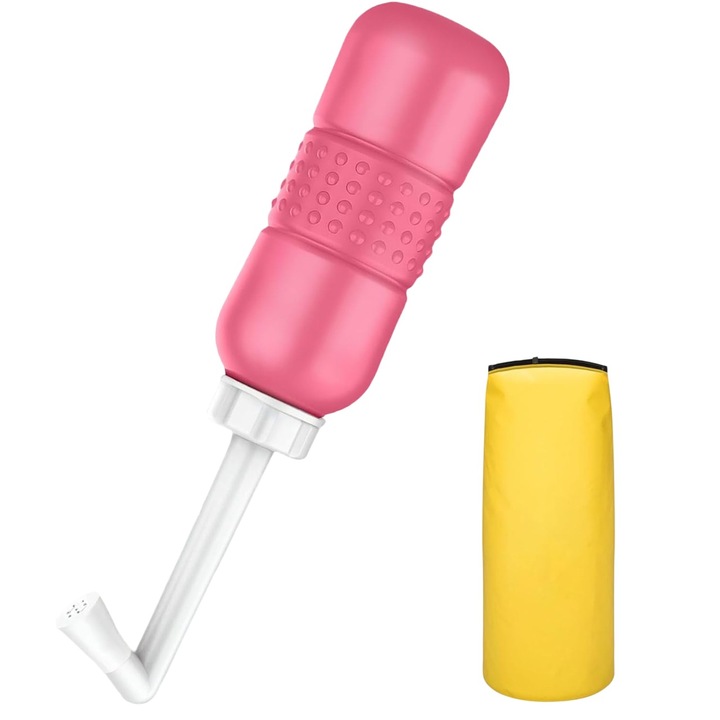 Преносимо биде Flippy за интимна хигиена, за след раждане/постоперация, 450 мл, с жълт капак и капак, 29,5x7 см, розов цвят на контейнера