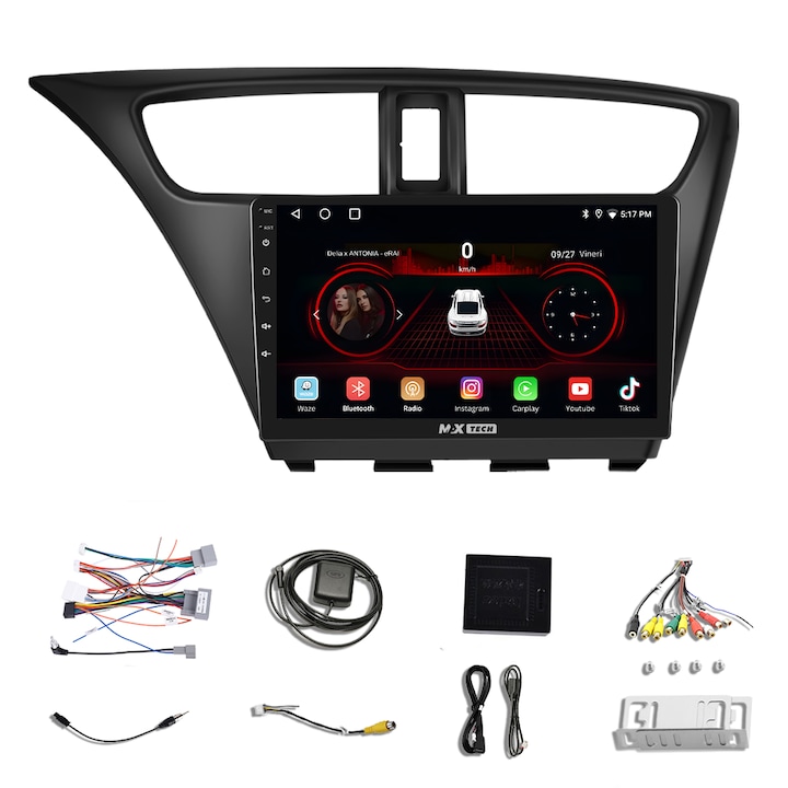Navigáció Honda Civic ferdehátúhoz (2012-2017), Android 13 és Carplay, MaxTech®, 9 hüvelykes IPS képernyő, Youtube, GPS funkciók, WIFI, rádió, RDS, EQ, DSP, Bluetooth, Waze, Mirrorlink