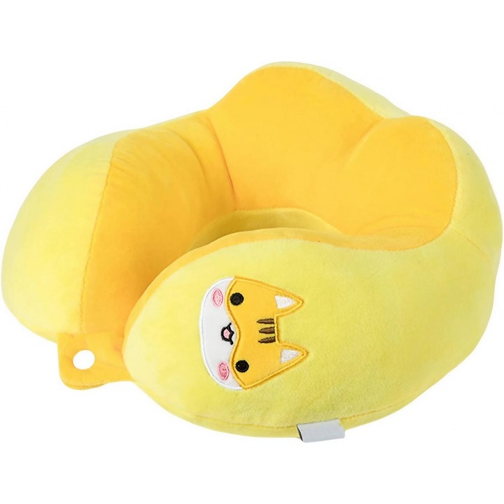 Възглавница за пътуване, за врата и главата, памучен пълнеж, 28x28x10 см, с бродирана котка, жълта