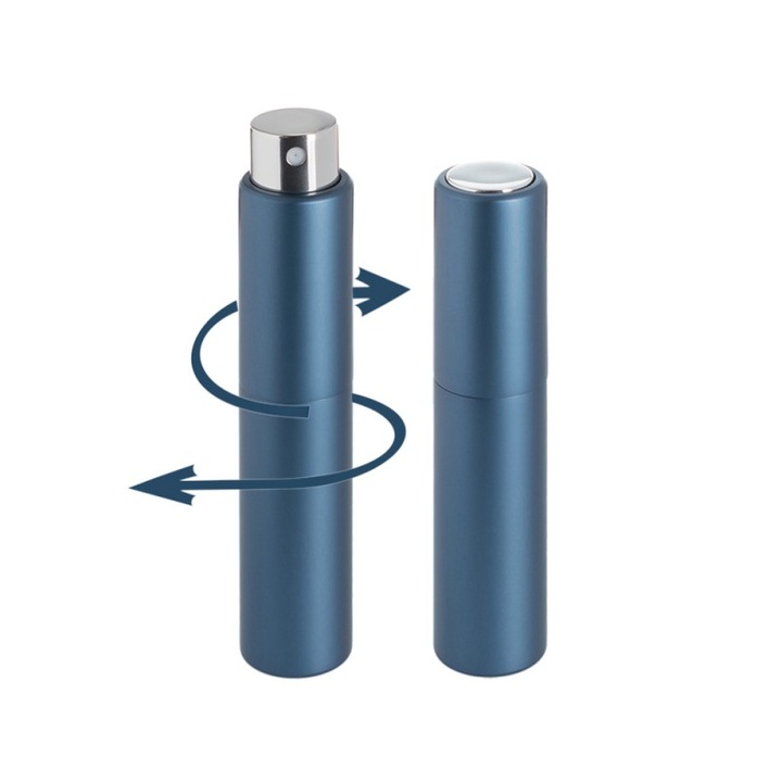 Recipient cosmetic cu pulverizator tip spray DROPY®, pentru uleiuri esentiale sau parfumuri, 5 ml mecanism Twist albastru