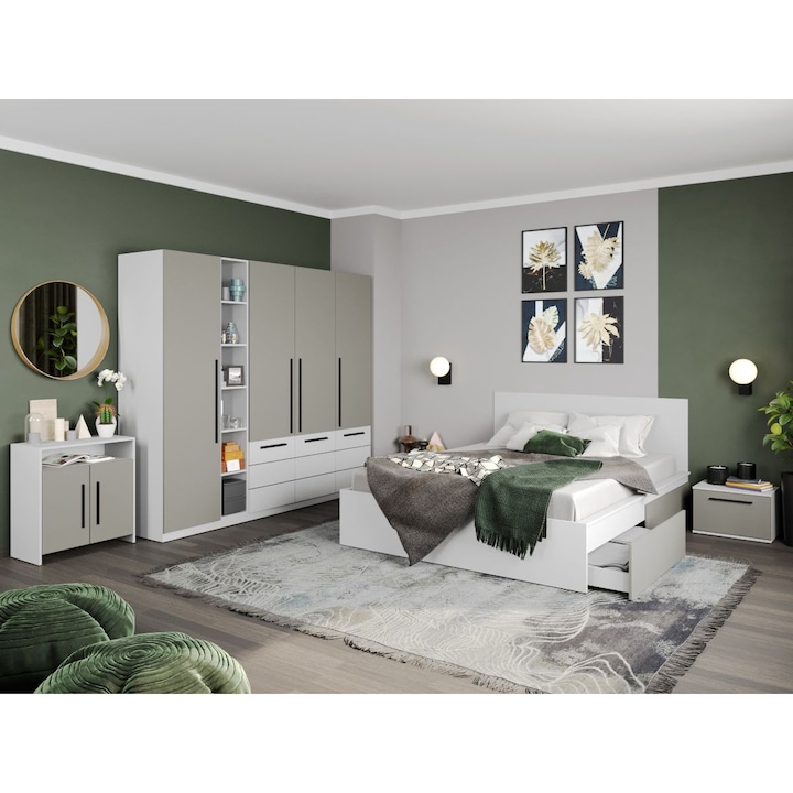Set Mobila Dormitor, Casmir / Alb, Soares, C13, Pat 160 x 200, Noptiere, Comoda cu Usi si Dulap 2.3m
