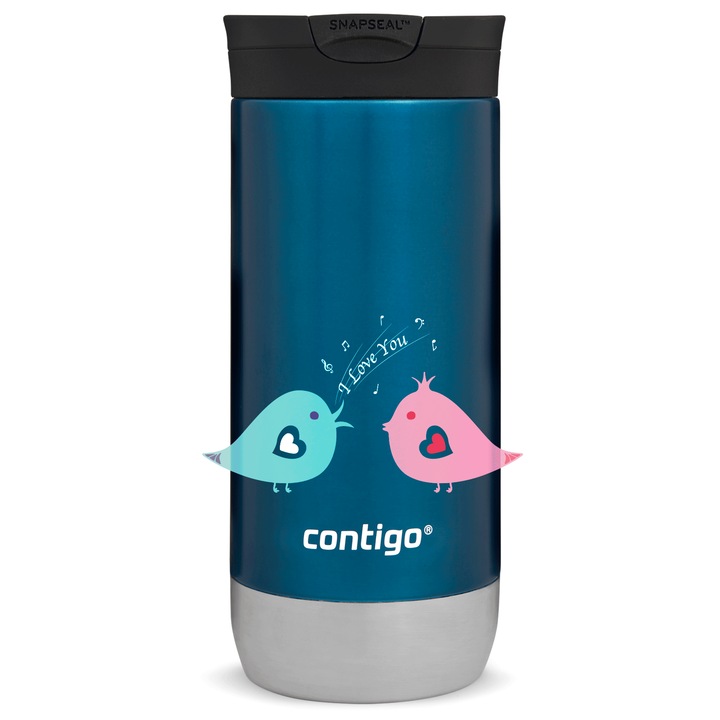 Cana de cafea termica, Inox, Contigo Huron 2.0 470ml - Birds of Love - Albastru