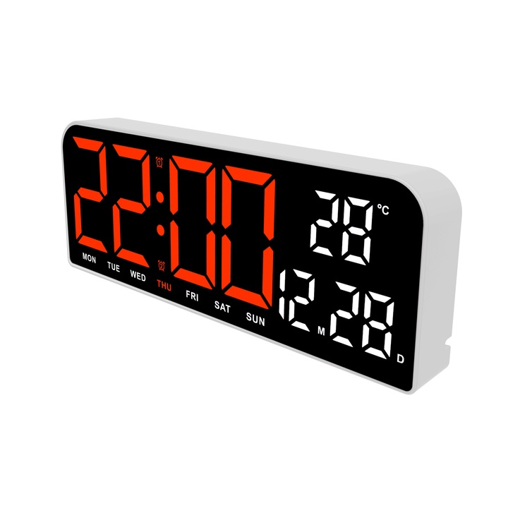 Настолен и стенен часовник, дигитален, с червена LED светлина, календар, хронометър, аларма, термометър, функция дрямка, 2 режима на светене, размери 24х9см, черно/бяло