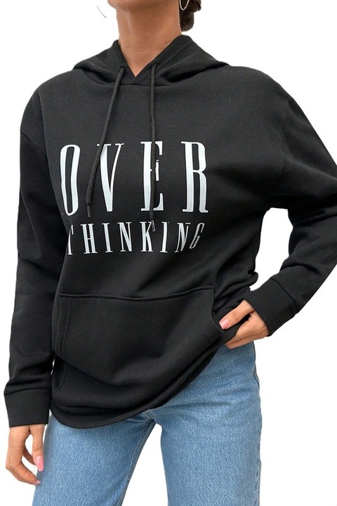 Hanorac Dama, “Over Thinker”, Casual, Cu Umeri Cazuti Si Maneci Lungi, Negru