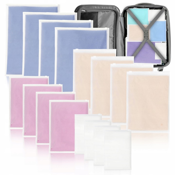 Set de organizatoare de calatorie pentru valiza, genti, 16 piese, 4 dimensiuni, transparente, Sillar