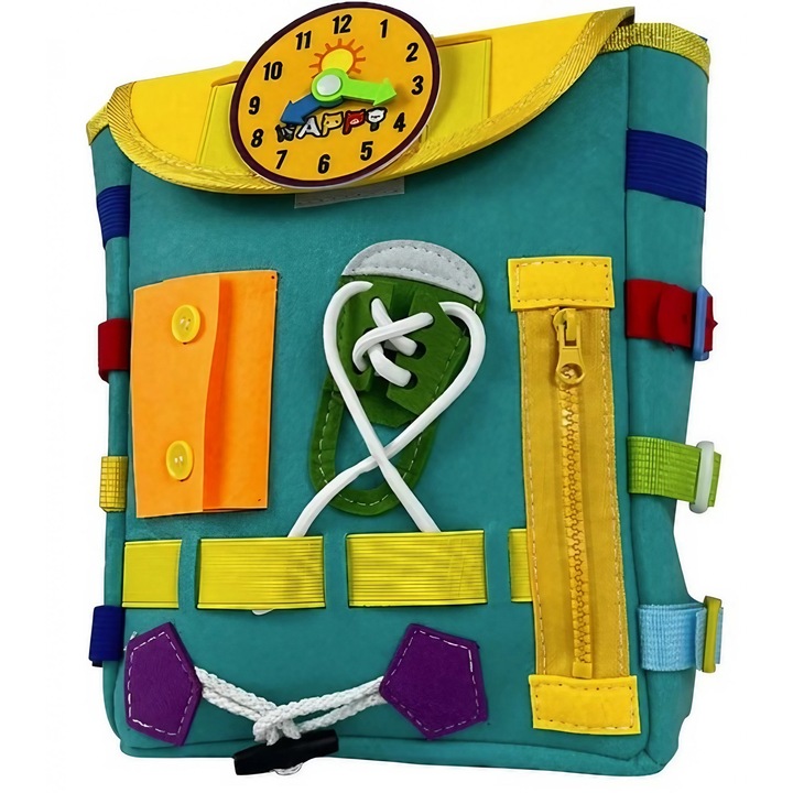 Ghiozdan Montessori, pentru Copii 2-6 ani, Fidget Pop, cu Catarame si Fermoare, Jucarii Senzoriale, Activitate de Invatare prin Joc, Turcoaz, 0.25 kg, 28x10x23 cm