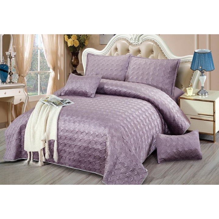 Set Cuvertura Eleganta CHIRASO, din CATIFEA, pentru pat dublu, 5 piese, include Cuvertura 220 x 240 cm, 2 fete de perna 50 x 75 cm si 2 fete de perna 35 x 50 cm, UNI, mov prafuit