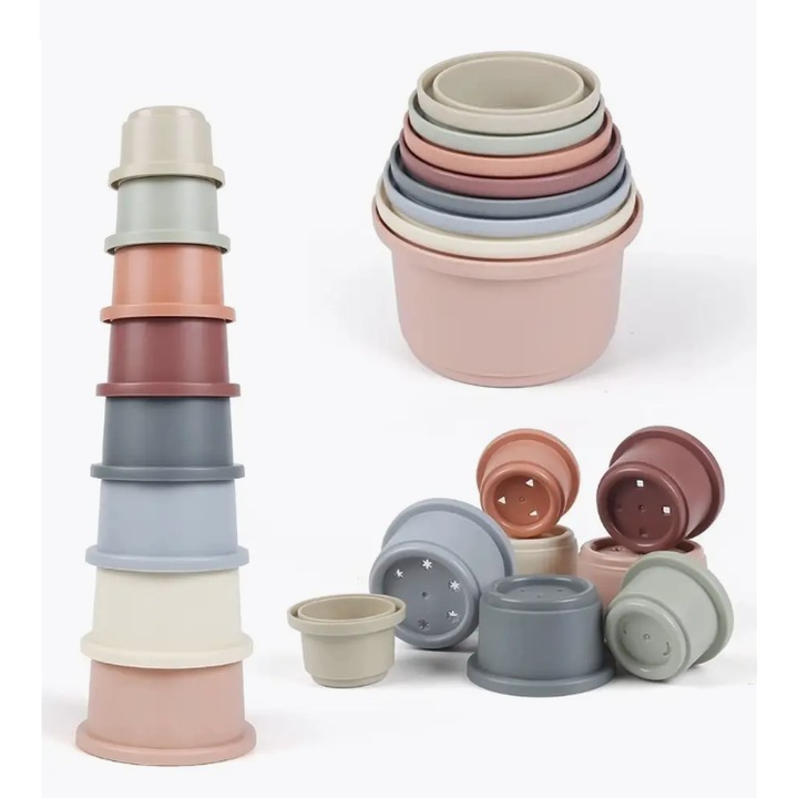 Egymásra rakható fejlesztő játék, 8 db strapabíró műanyagból készült, BPA vagy PVC mentes, fürdőbe, strandra, korai oktatásra, +6 hónap, Teona Concept