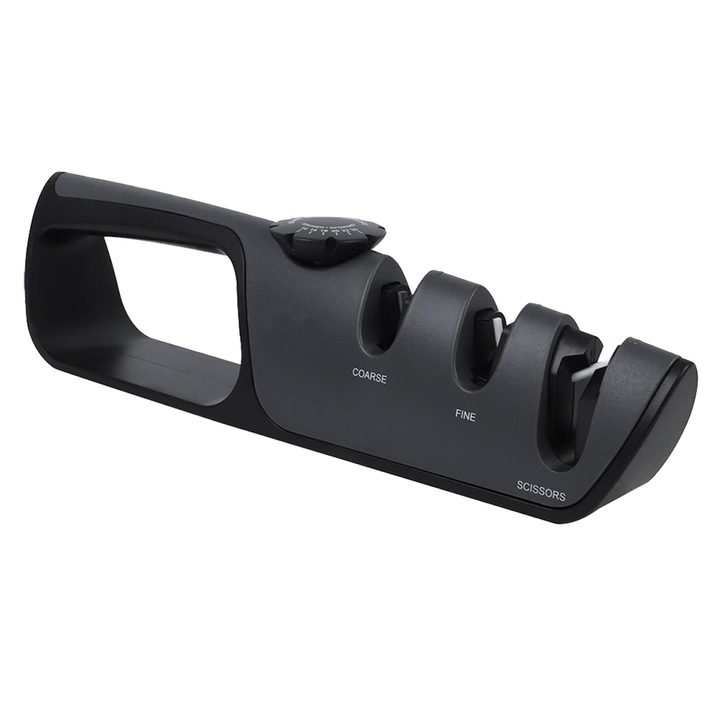 Aparat profesional manual multifunctional pentru ascutit cutite WTO®, Cu unghi de ascutire reglabil, 4 in 1, ABS/Inox, Negru, 26.5 x 7 x 4.5 cm