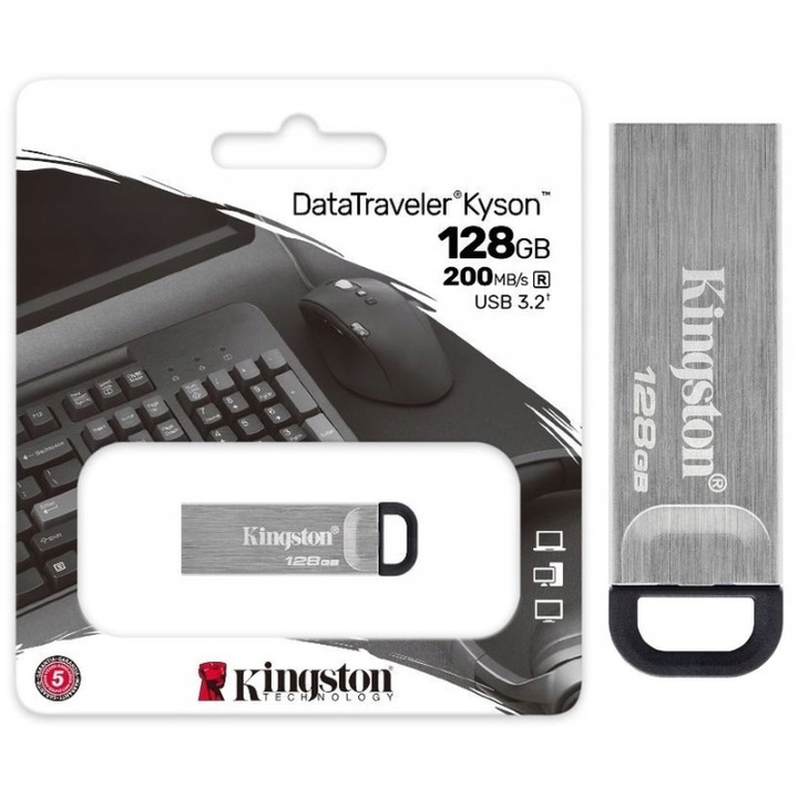 Unitate flash Kingston DataTraveler Kyson 128GB, USB 3.2 Gen 1, argintie