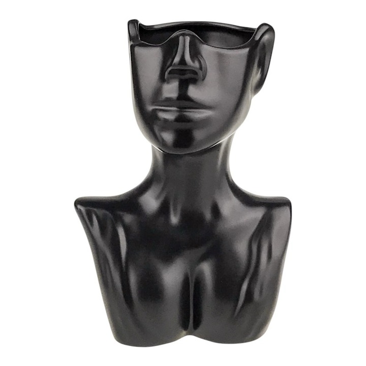 Vaza decorativa, din ceramica, in forma de bust de femeie 14X20 cm negru