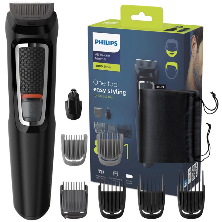 PHILIPS Тример за коса и брада 8 в 1 MG3711/15, Самонаточващи се ножчета, Батерия, Черен