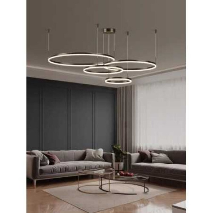 Lustra LED, telecomanda inclusa, neagra, rotunda, 204W, trei tipuri de lumina, calda, neutra si rece, intensitate reglabila, dimensiuni (L, l, h) 60x60x100cm, clasa protectie IP21, montaj tavan