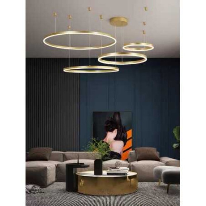 Lustra LED, telecomanda inclusa, aurie, rotunda, 204W, trei tipuri de lumina, calda, neutra si rece, intensitate reglabila, dimensiuni (L, l, h) 60x60x100cm, clasa protectie IP21, montaj tavan